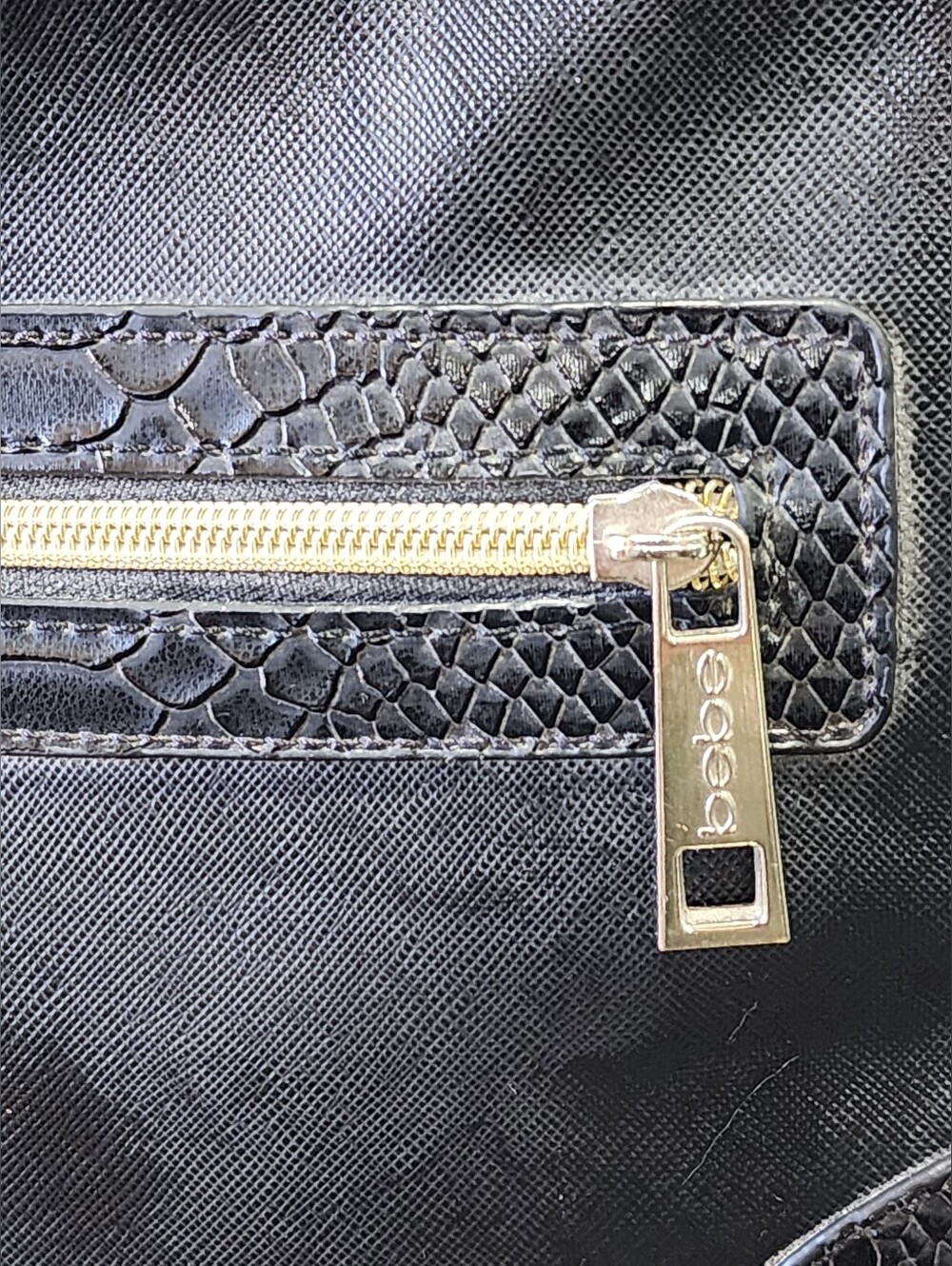 Bebe | Ellisa 22" Weekend Travel Duffel Bag | Black & Gold Faux Snakeskin - Picture 10 of 11